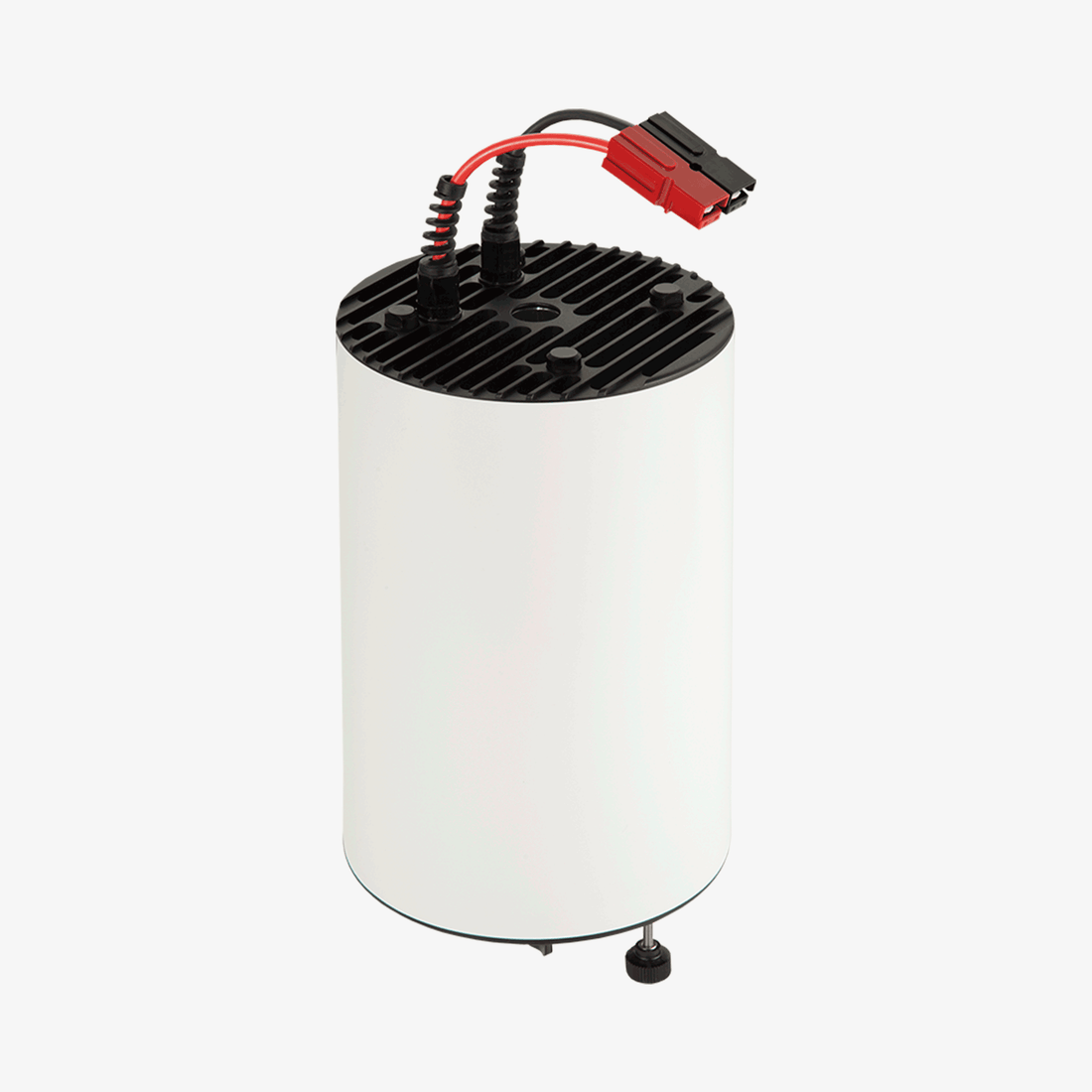A cylindrical white battery with a black lid and a red clamp attached to it, designed for Seacraft Future DPVs.