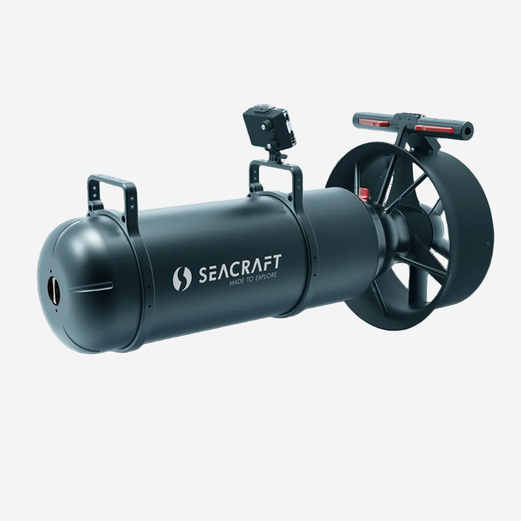 A Seacraft GHOST 2000 underwater propulsion vehicle, black in color, with a cylindrical body and a propeller assembly on one end.