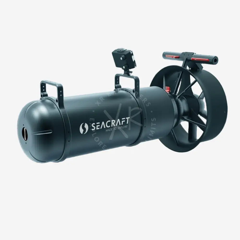 A Seacraft GHOST 2000 underwater propulsion vehicle, black in color, with a cylindrical body and a propeller assembly on one end.