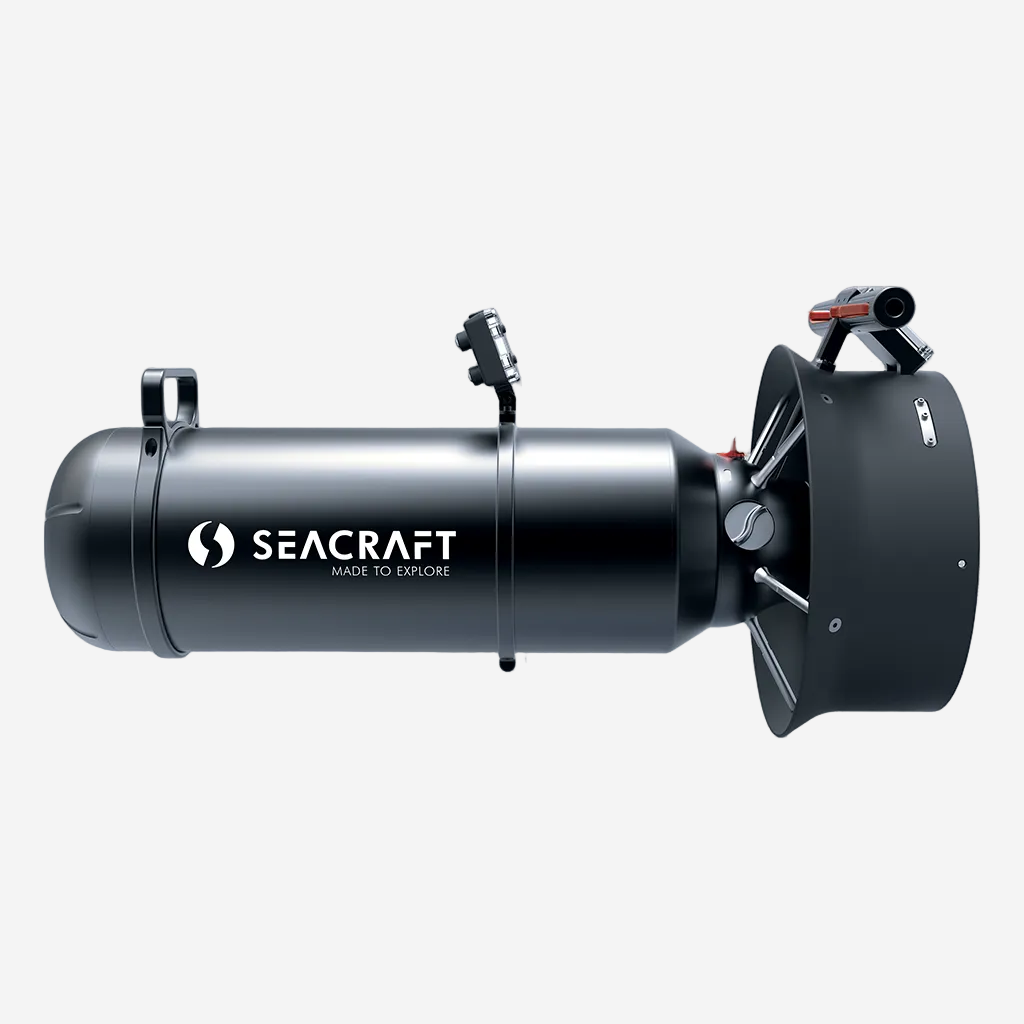 A Seacraft GHOST 2000 underwater propulsion vehicle, black in color, with a cylindrical body and a propeller assembly on one end.