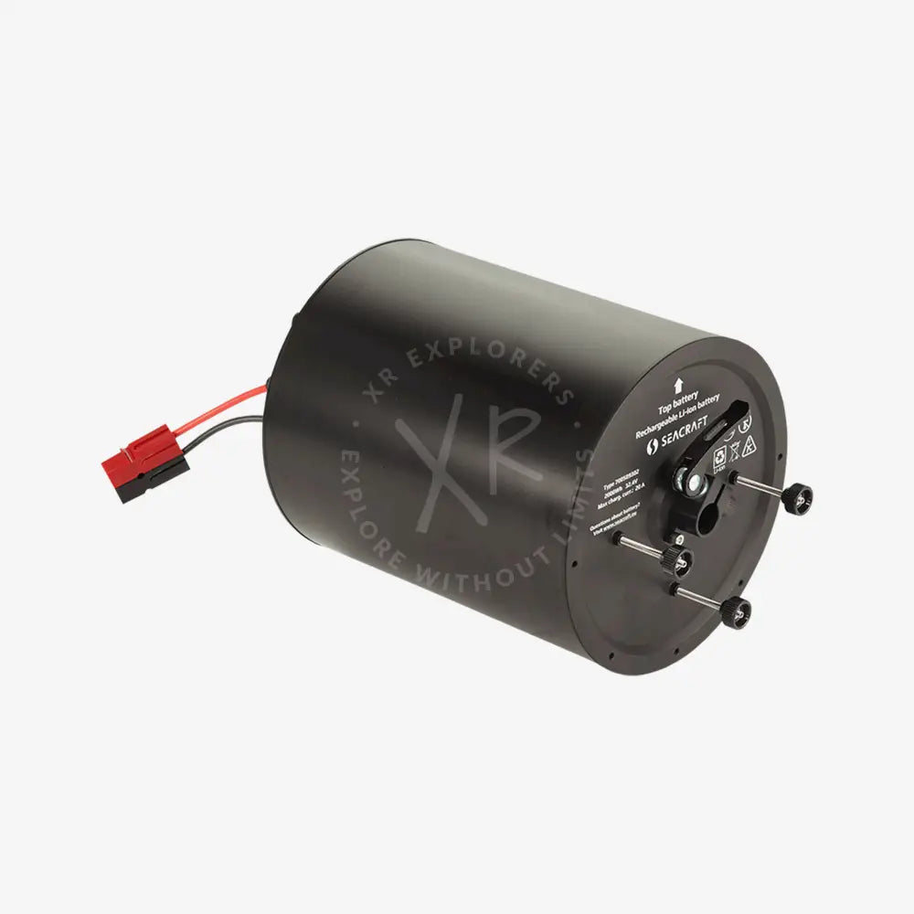 A black cylindrical lithium-ion battery with red and black wires attached, designed for use with Seacraft Ghost DPVs.