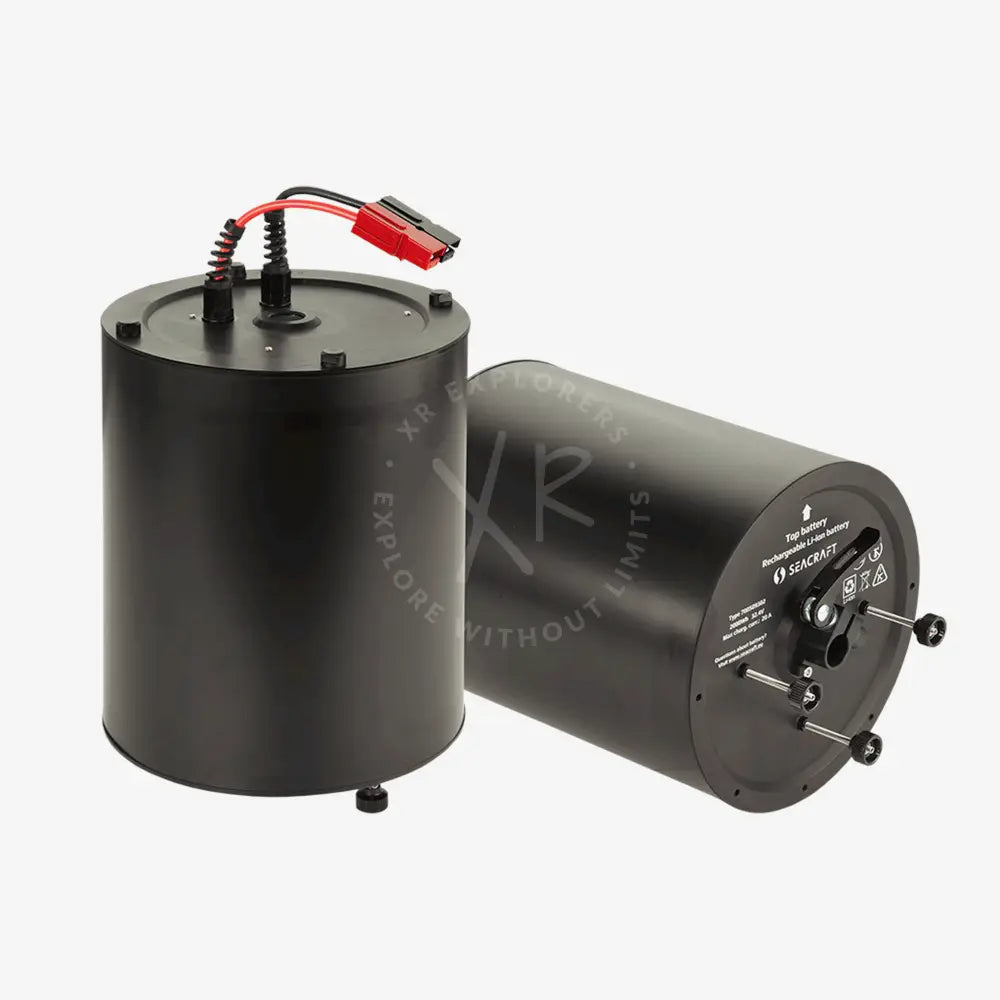 Black cylindrical rechargeable lithium-ion seacraft ghost battery with red connector and mounting hardware, 1500wh to 2000wh