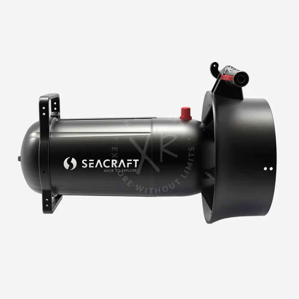 Seacraft GO! dpv lightweight travel scooter with black matte finish underwater propulsion unit and red mounting brackets