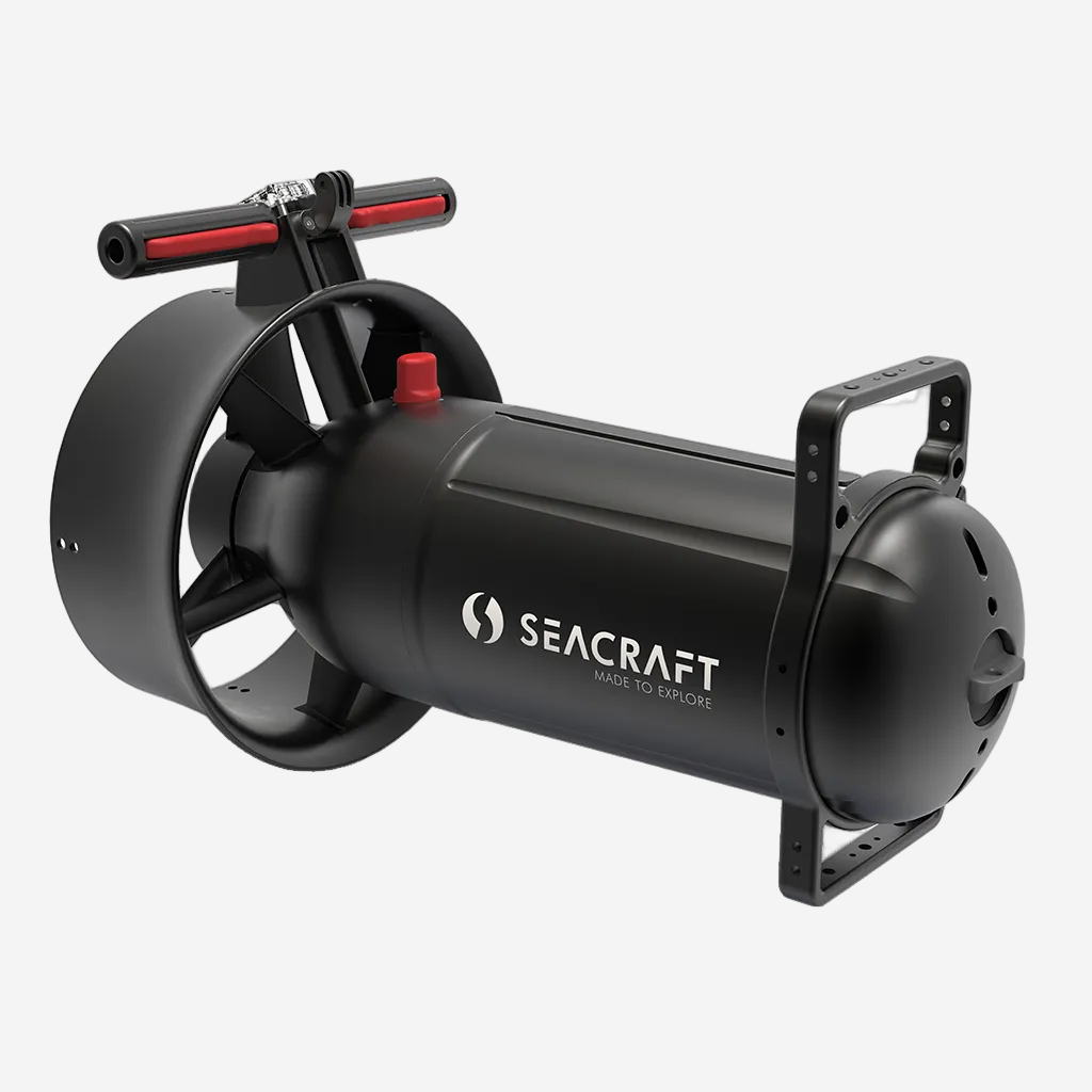 A black Seacraft GO! DPV (Direct-Drive Motor) designed for recreational diving, featuring a cylindrical body with control handles and red accents.