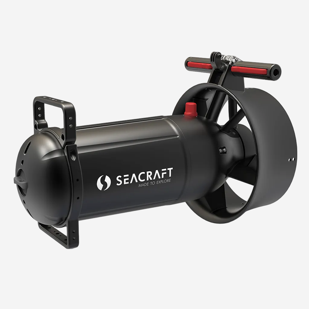 A black Seacraft GO! underwater scooter with red accents on the handles and thrusters.
