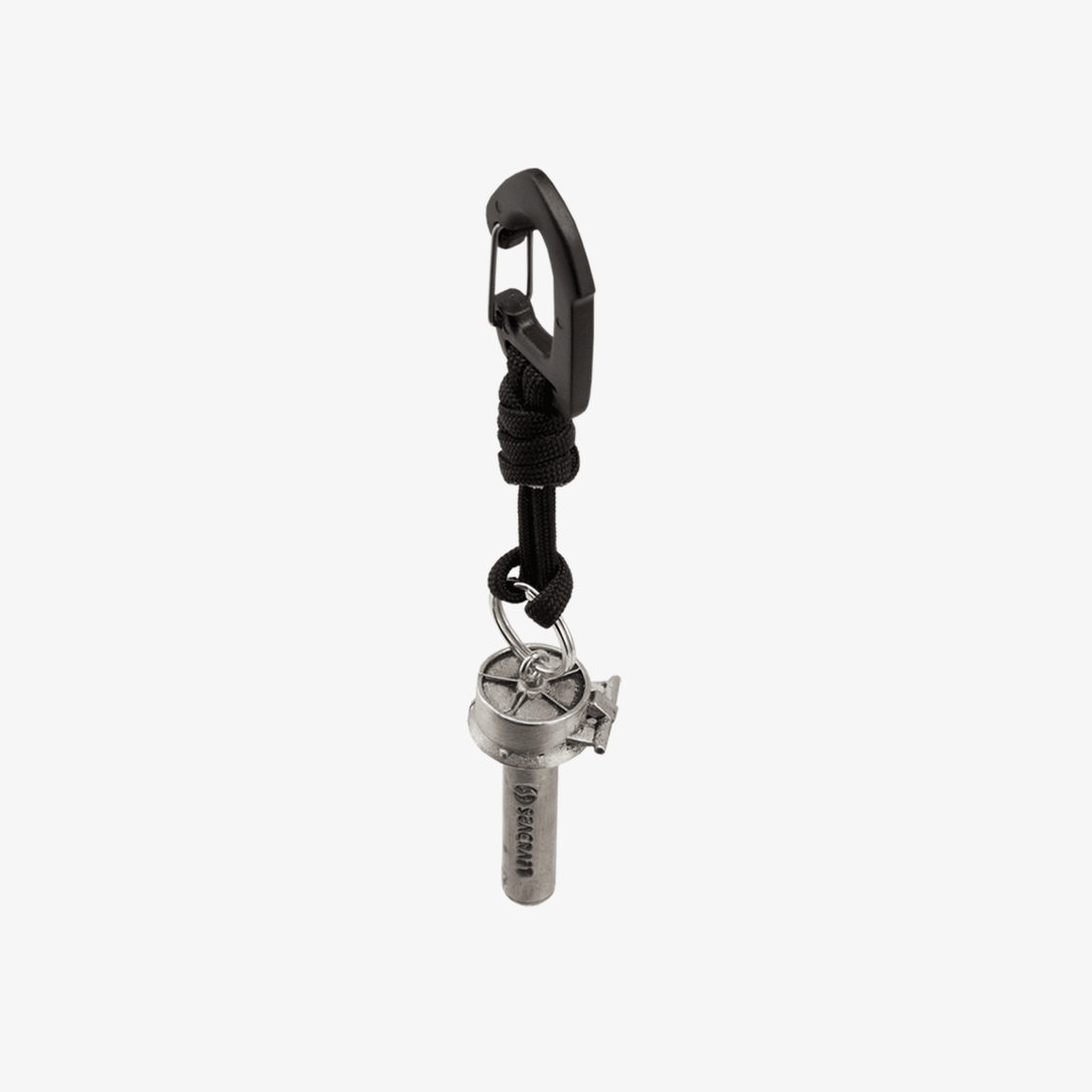 A Seacraft Steel Key Chain featuring a metal model of a scooter attached to a paracord rope and a plastic carabiner.