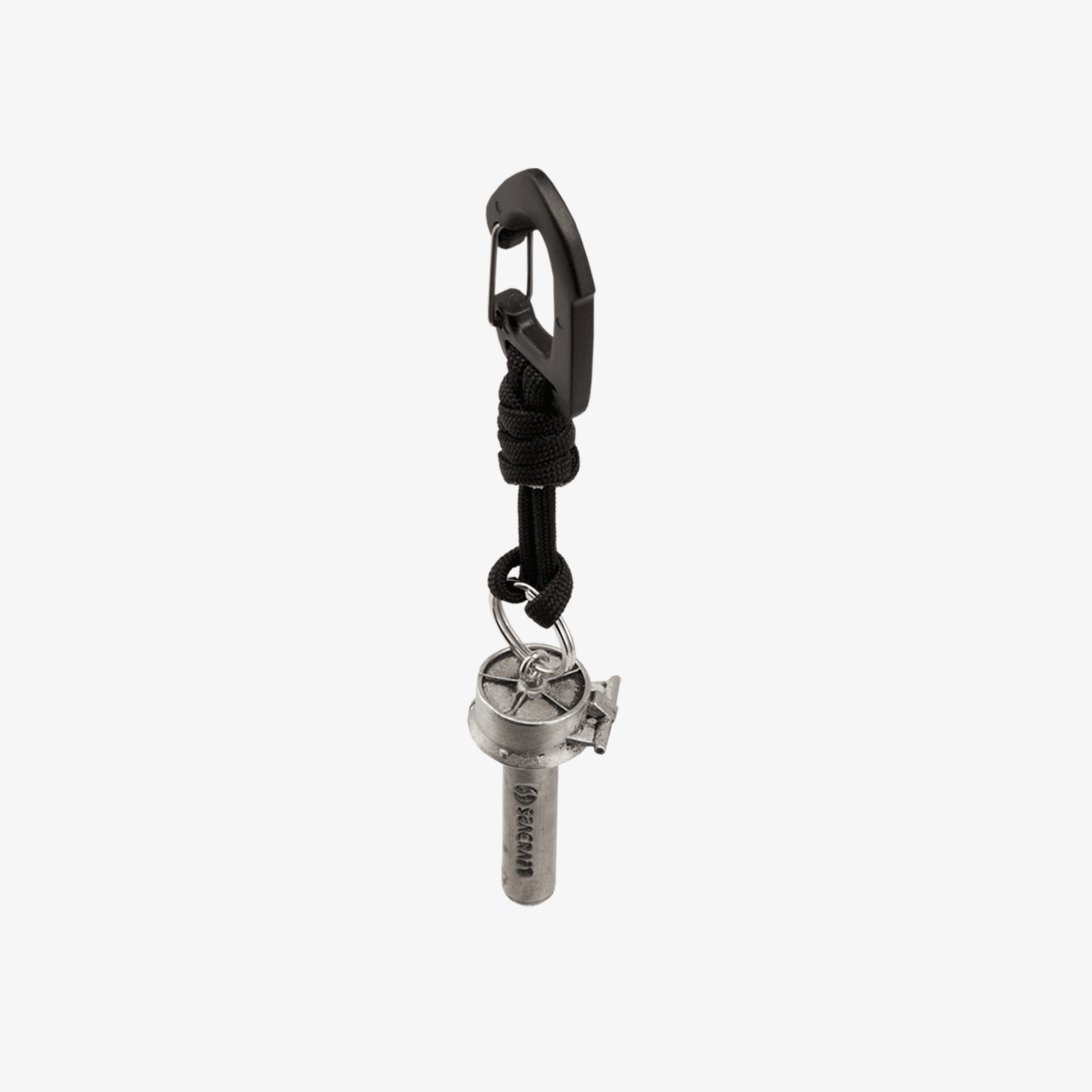 Keychain with a carabiner and metal tag on a white background