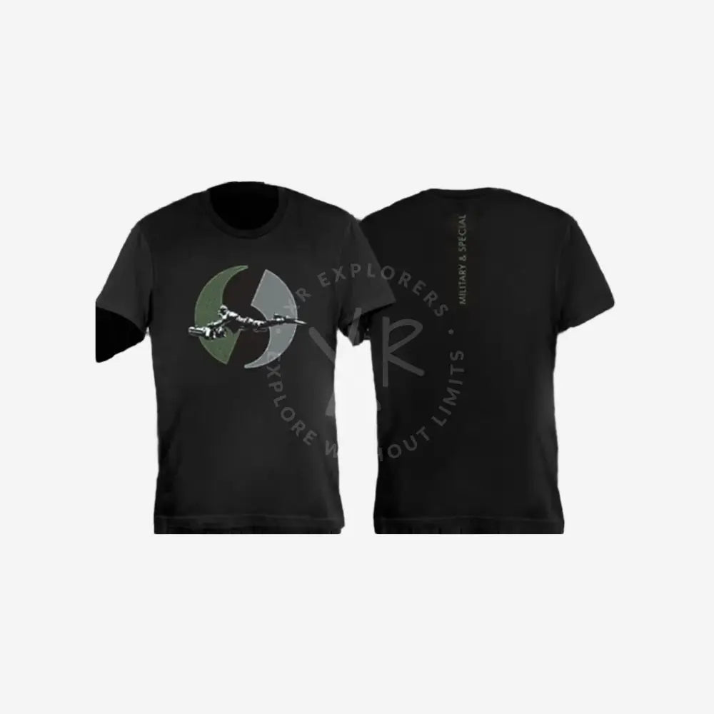 Black t-shirt with a graphic design on the front and text on the back, displayed on a white background.
