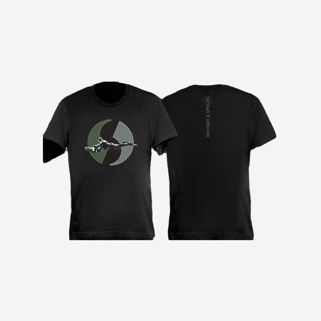 A black cotton t-shirt with a graphic print of a diver on the front and the text 'MILITARY & SPECIAL' on the back.