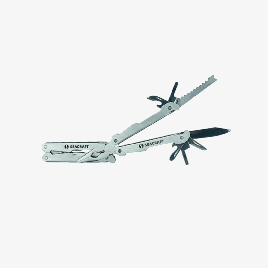 A Seacraft Multitool with multiple implements, such as a screwdriver and pliers, in silver color, folded and ready for use.
