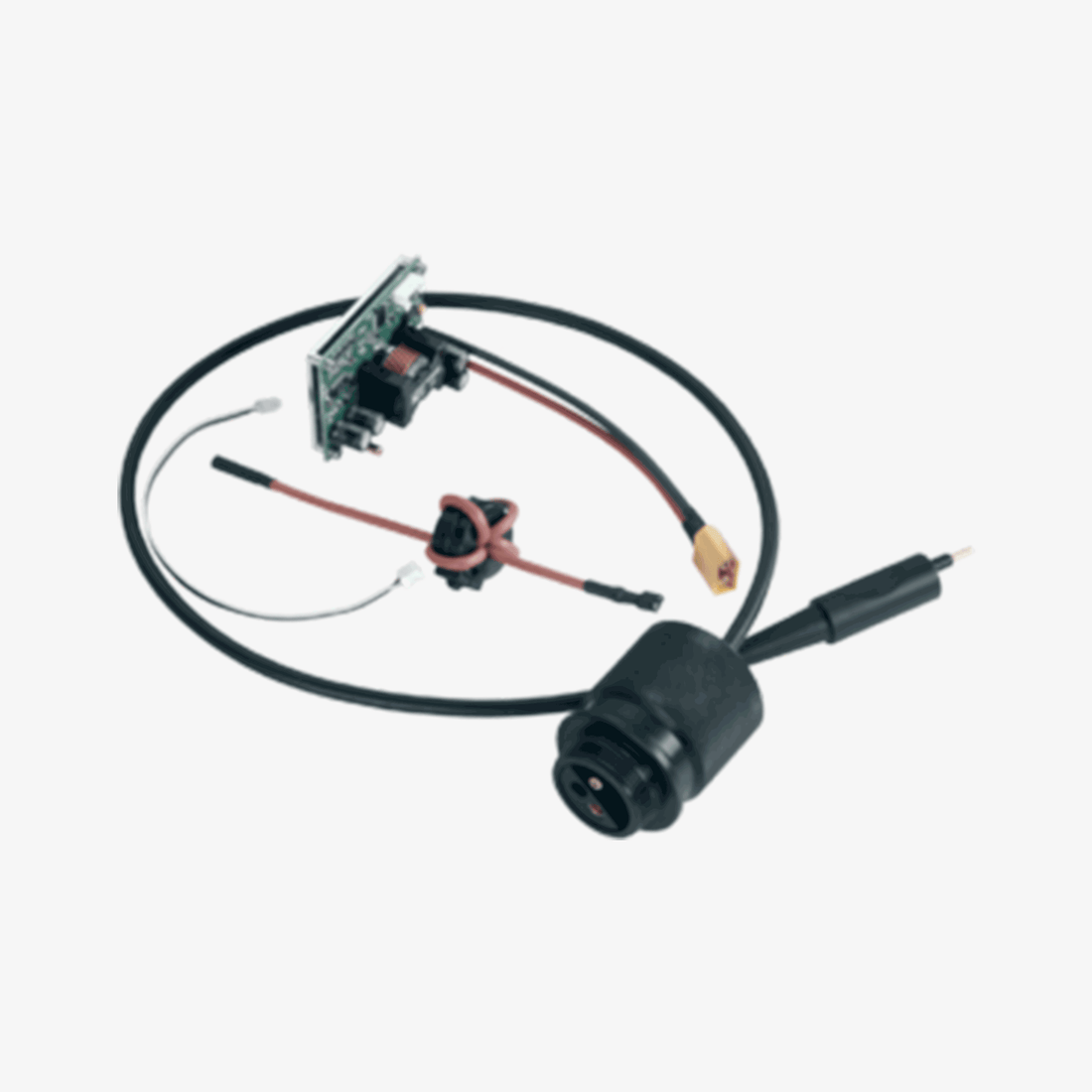 A Seacraft power converter installation kit, including a factory-installed power converter module, connectors, and integration components, primarily in black and red colors. Seacraft power converter charging module for technical diving expeditions.