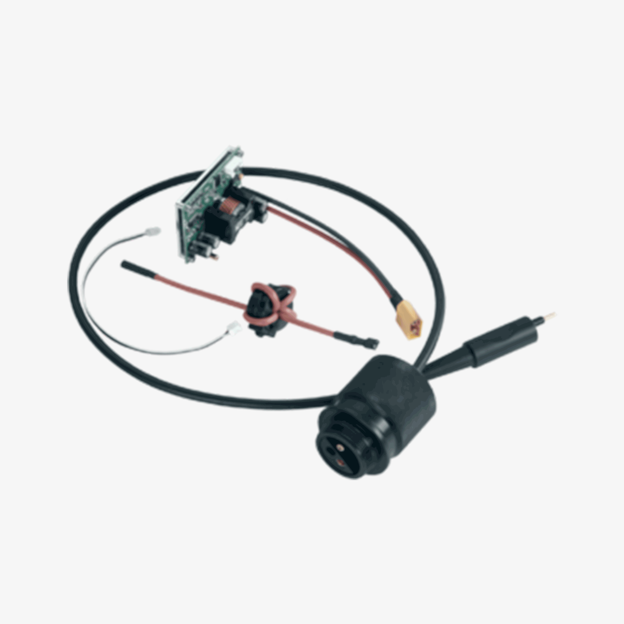 A Seacraft power converter installation kit, including a factory-installed power converter module, connectors, and integration components, primarily in black and red colors. Seacraft power converter charging module for technical diving expeditions.