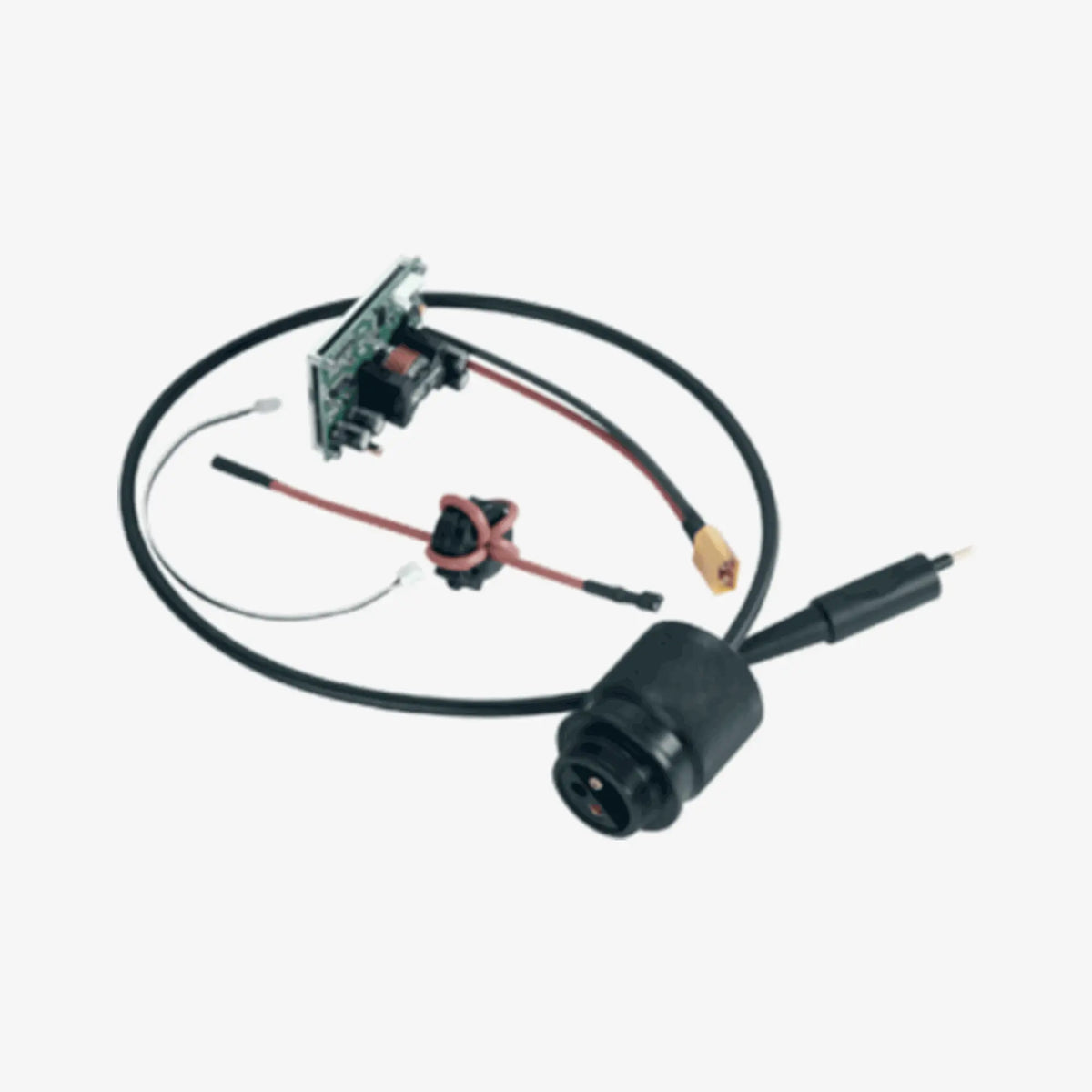A Seacraft power converter installation kit, including a factory-installed power converter module, connectors, and integration components, primarily in black and red colors. Seacraft power converter charging module for technical diving expeditions.