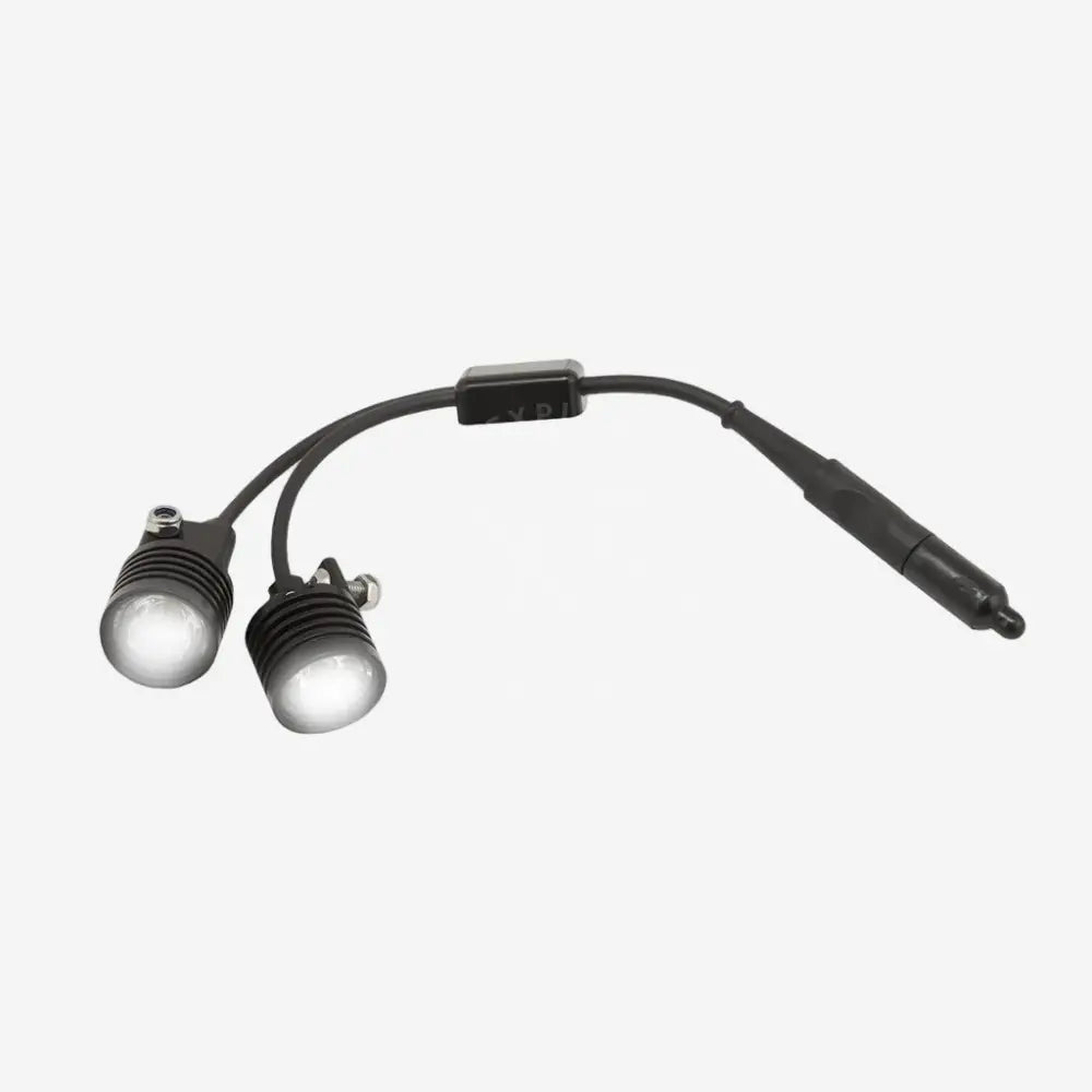 Two underwater lights connected by a y-cable with an on/off switch, primarily black in color.