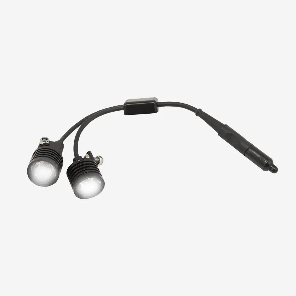 Two underwater lights connected by a y-cable with an on/off switch, primarily black in color.