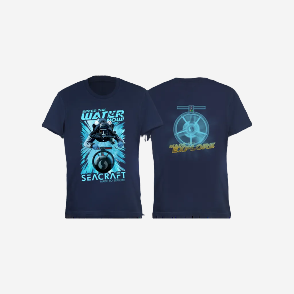 A navy blue men's T-shirt with a graphic print of water and a Seacraft logo, featuring the text 'WATER SEACRAFT' on the front.