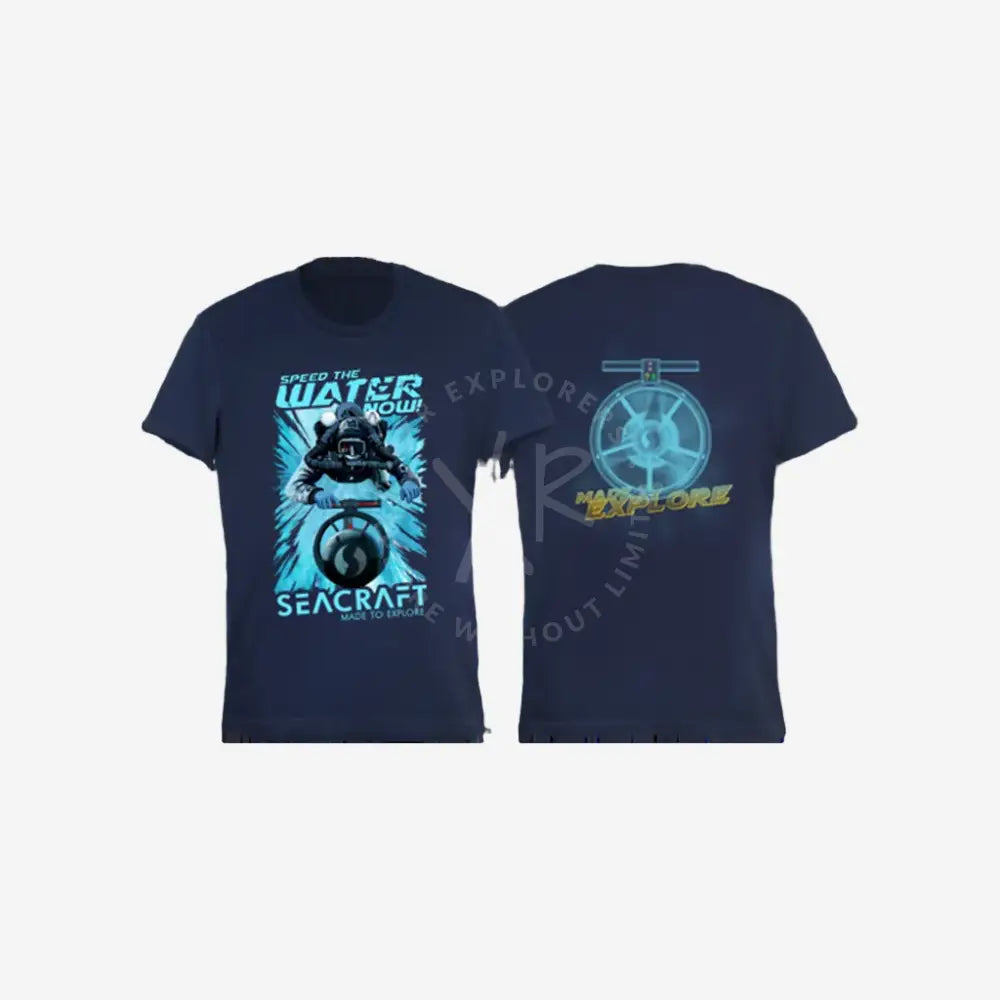 A navy blue t-shirt with a graphic print of water and a sea creature on the front and back.
