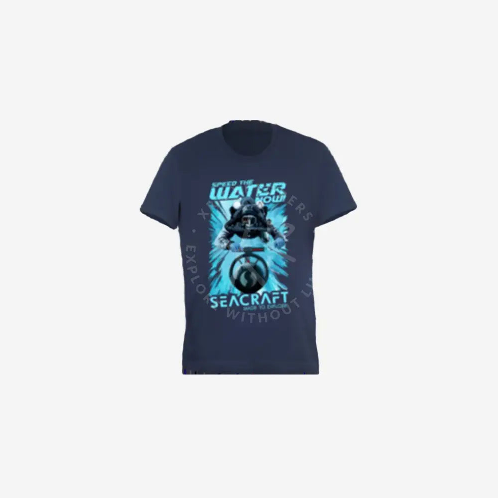 A navy blue men's T-shirt with a graphic print of water and a Seacraft logo, featuring the text 'WATER SEACRAFT' on the front.