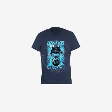 A navy blue men's T-shirt with a graphic print of water and a Seacraft logo, featuring the text 'WATER SEACRAFT' on the front.