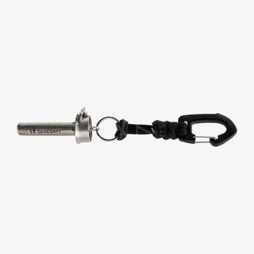 A Seacraft Steel Key Chain featuring a metal model of a scooter attached to a paracord rope and a plastic carabiner.