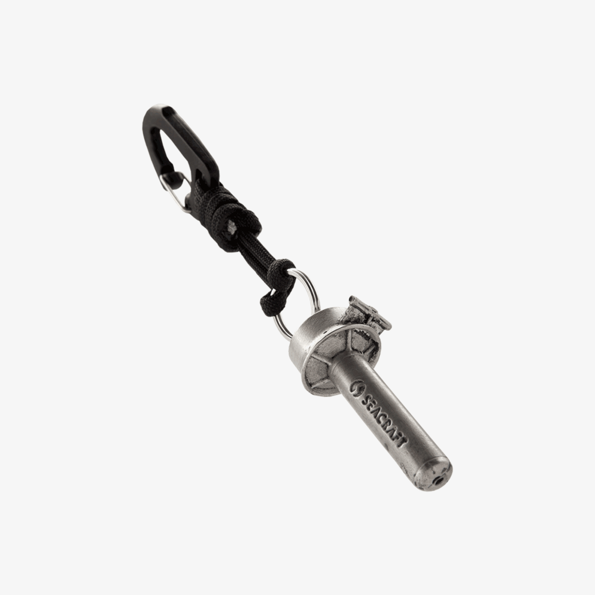 Metal keychain with a carabiner on a white background