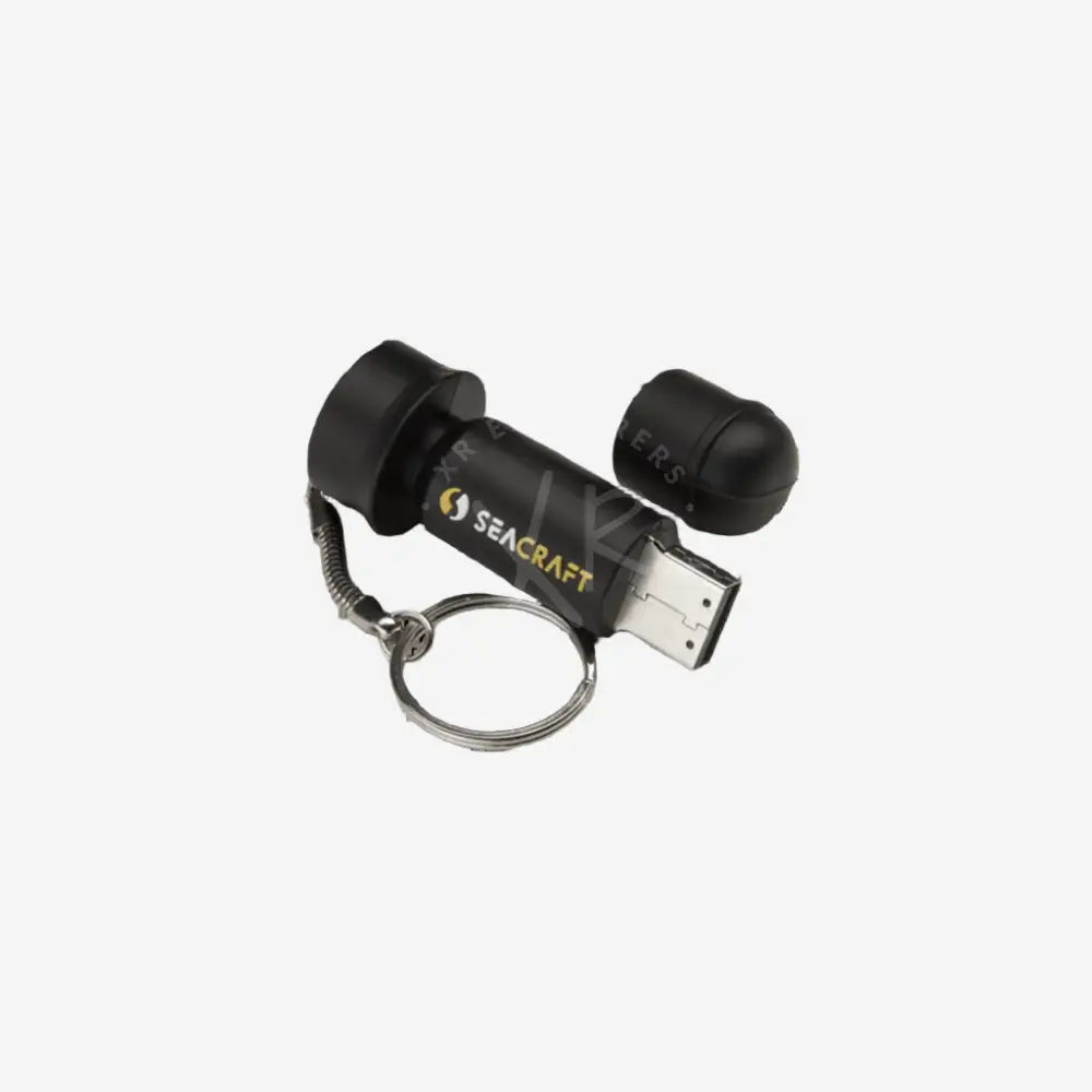 Black seacraft usb key chain 16gb flash drive with integrated flashlight and keychain attachment front view