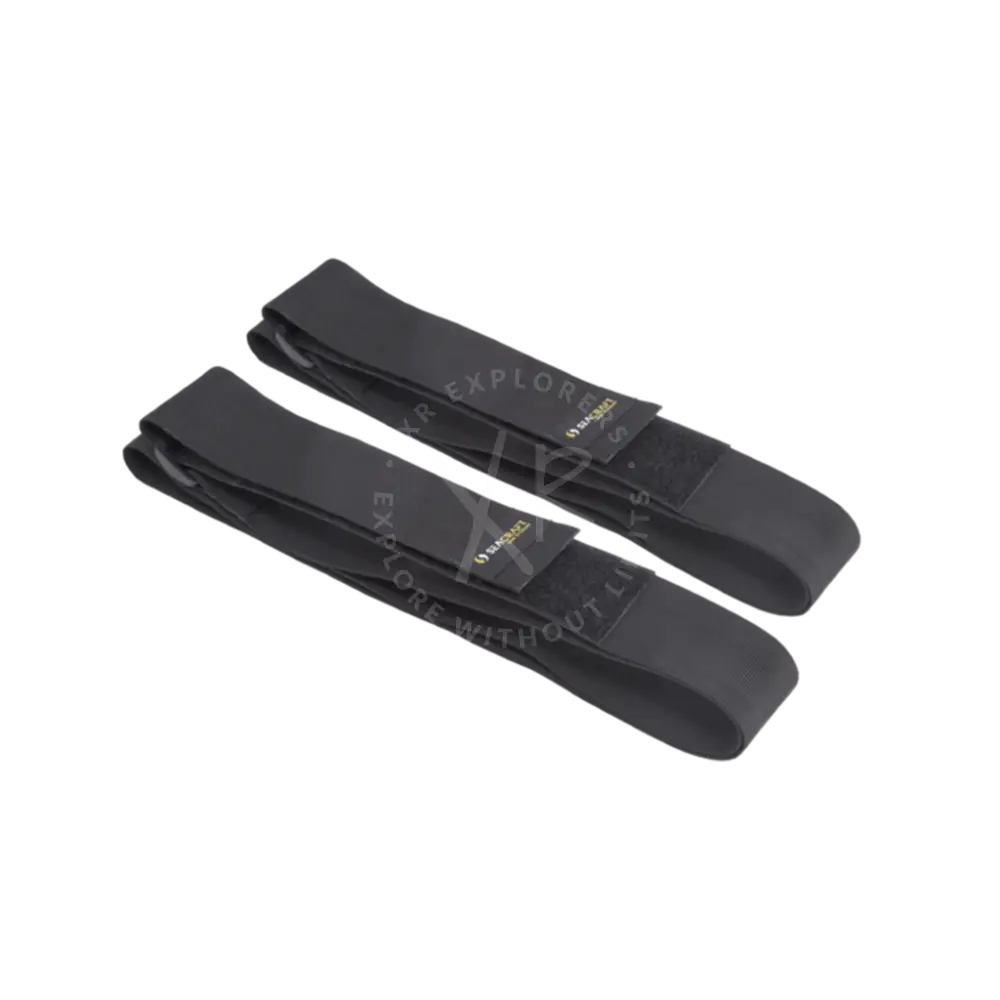 Black fabric secure straps with velcro closures and small gold logos for adjustable fastening and support