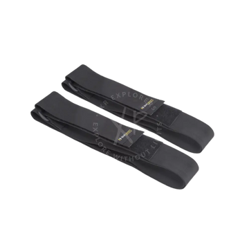 Black fabric secure straps with velcro closures and small gold logos for adjustable fastening and support