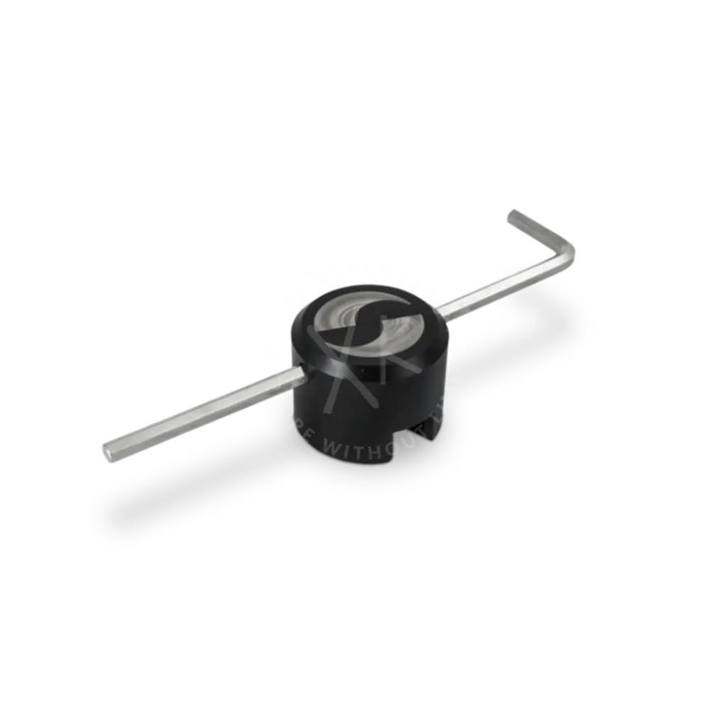 Black and silver l-shaped allen wrench with a circular black handle and stylized s logo for service key use