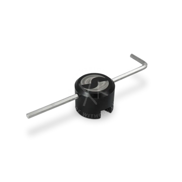 Black and silver l-shaped allen wrench with a circular black handle and stylized s logo for service key use