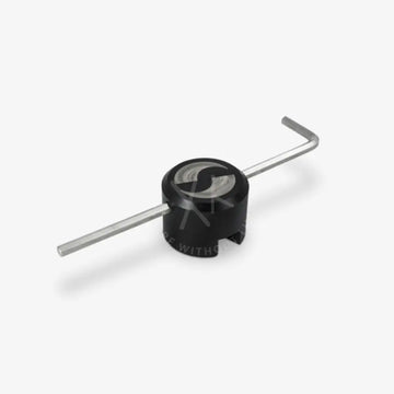 Black and silver l-shaped allen wrench with a circular black handle and stylized s logo for service key use
