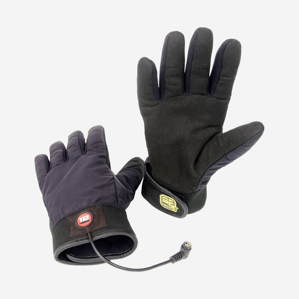 A pair of black SF Tech heated gloves with visible heating elements and a neoprene wrist cuff.
