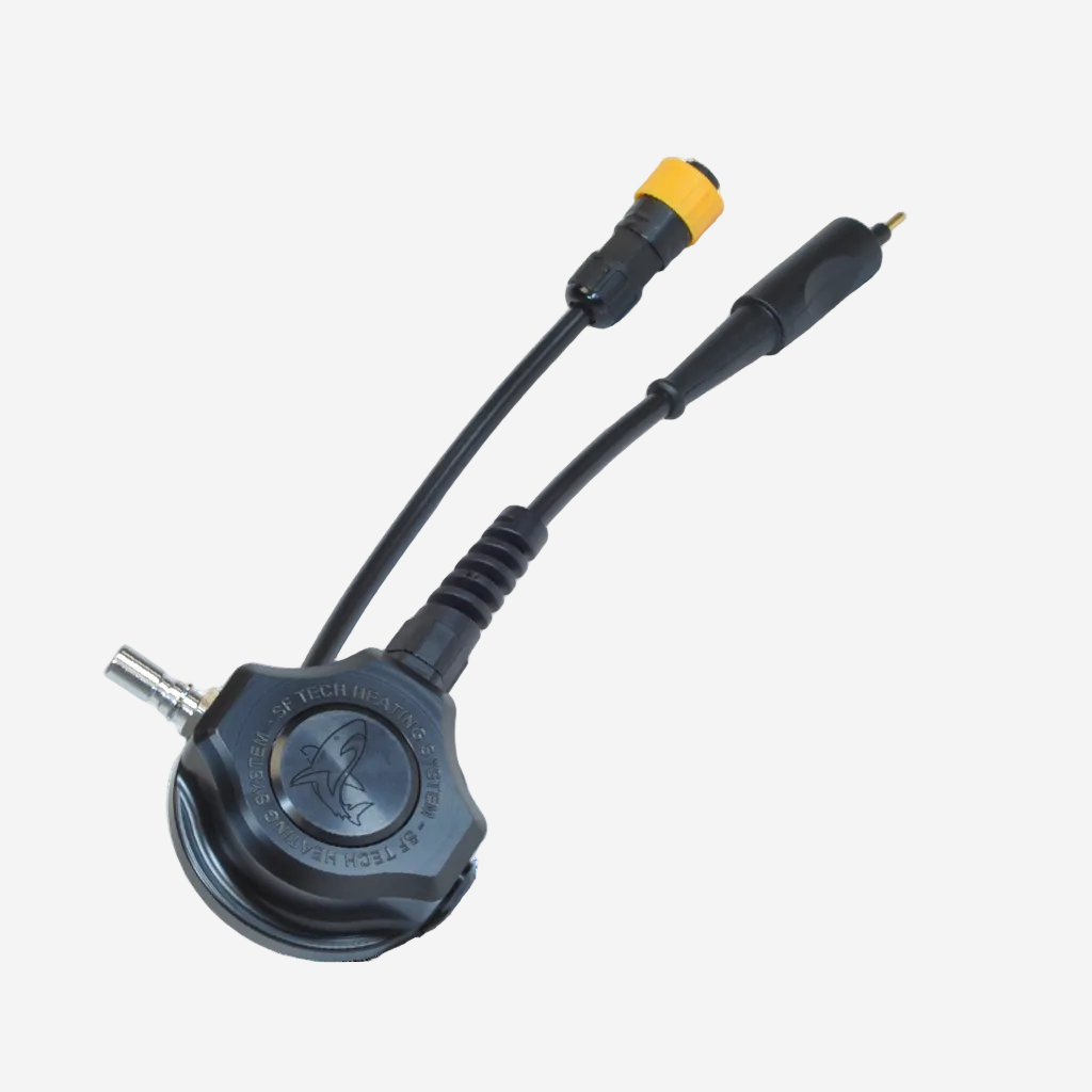 A black heating valve with integrated cables and connectors, designed for use with SF Tech heating systems.