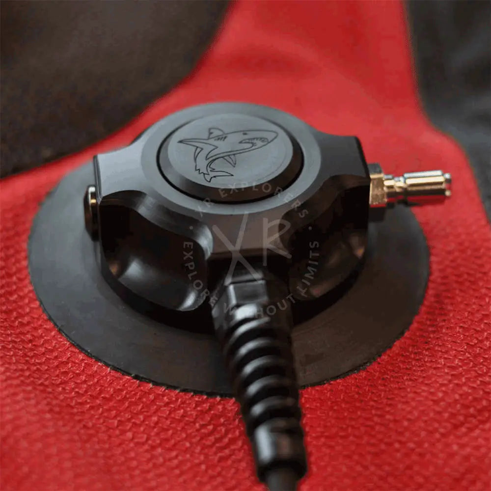 Black metal sf tech heating valve low profile inflator with shark emblem and gold fittings apeks fit e/o cord