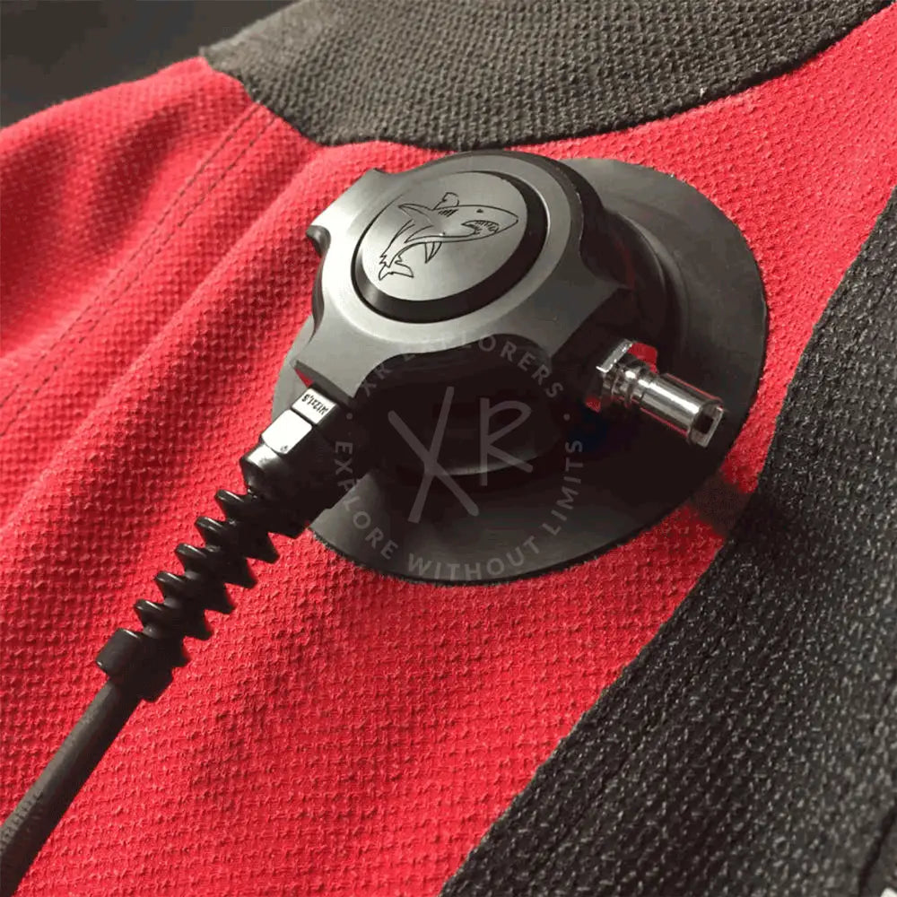 Sf tech heating valve low profile inflator with e/o cord apeks fit black and silver shark-themed dive regulator on red wetsuit