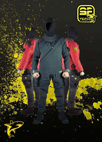 Three people wearing black and red diving suits on a yellow and black background.