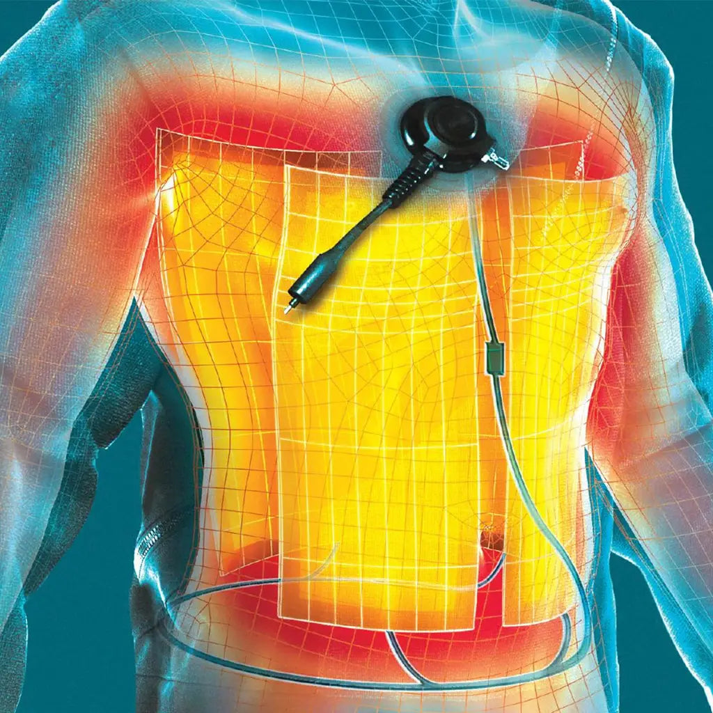 Black electronic heating vest with glowing yellow and red thermal panels and a chest control unit sf tech modular heating pads 40w complete set