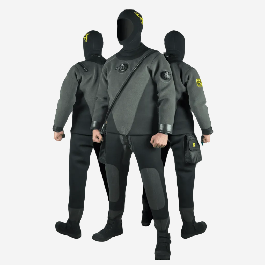 Three divers wearing black neoprene suits with a hood, designed for cold water diving, featuring reinforced areas and a front-entry metal zipper.