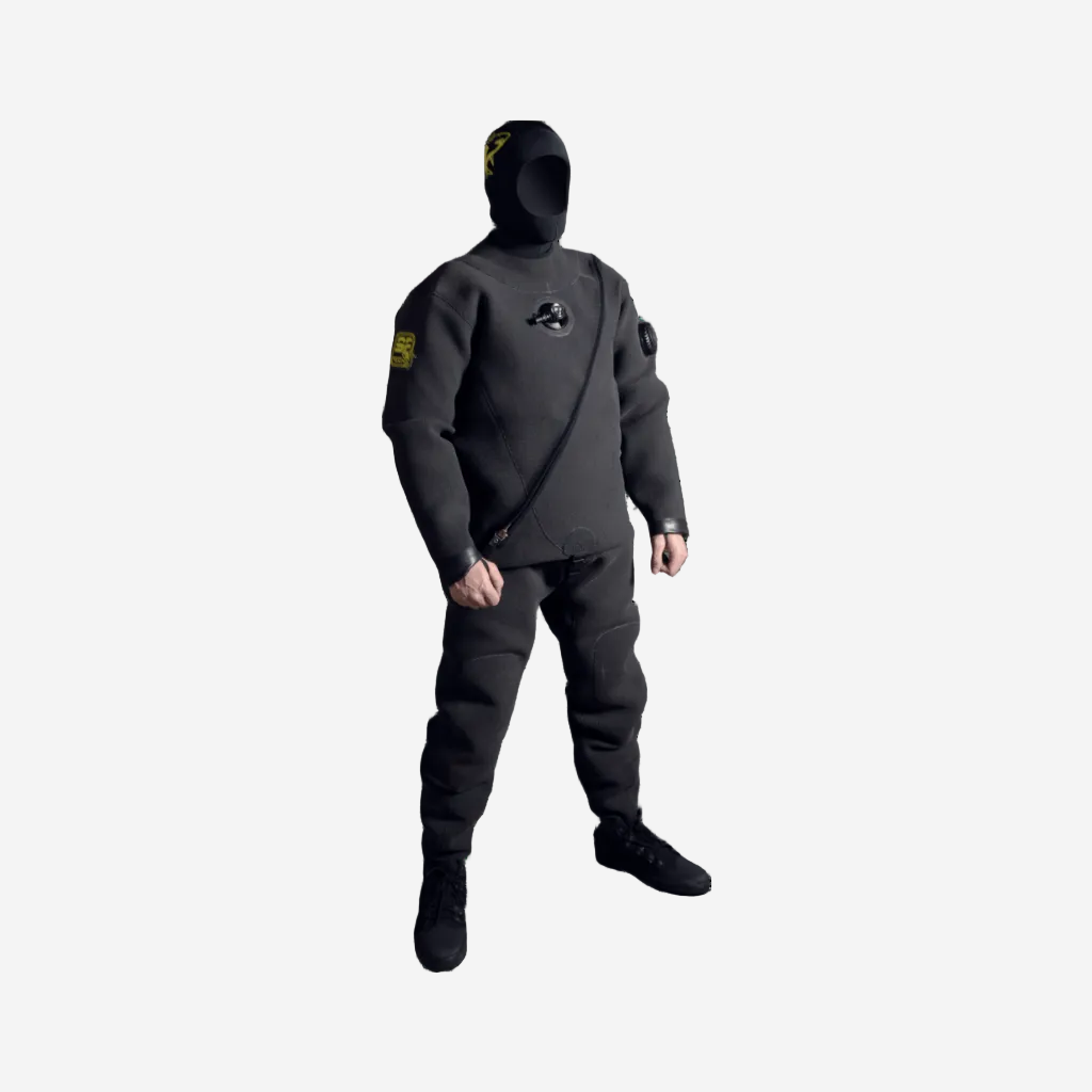 A person wearing a black neoprene drysuit with a hood, designed for diving in harsh environments.