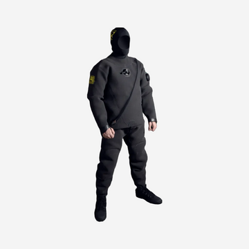 A person wearing a black neoprene drysuit with a hood, designed for diving in harsh environments.