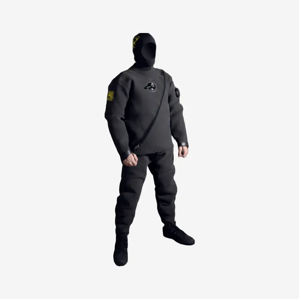 A person wearing a black neoprene drysuit with a hood, designed for diving in harsh environments.
