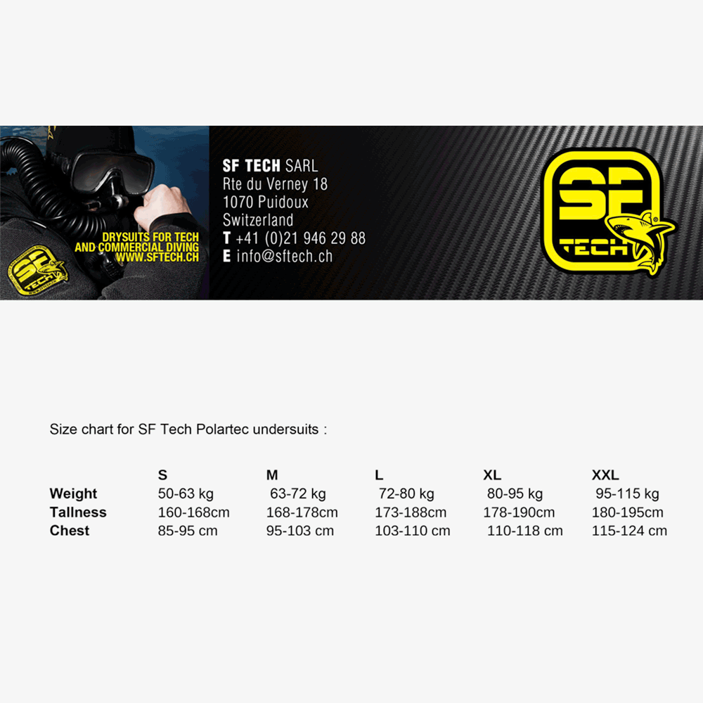 Size chart for SF Tech Polartec undersuits with company contact information.