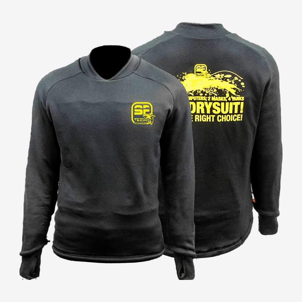 A black long-sleeved SF Tech Polartec sweater with integrated heating system compatibility, featuring yellow logos on the chest and back.