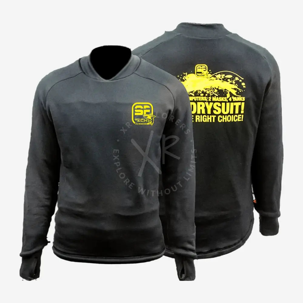A black long-sleeved SF Tech Polartec sweater with integrated heating system compatibility, featuring yellow logos on the chest and back.
