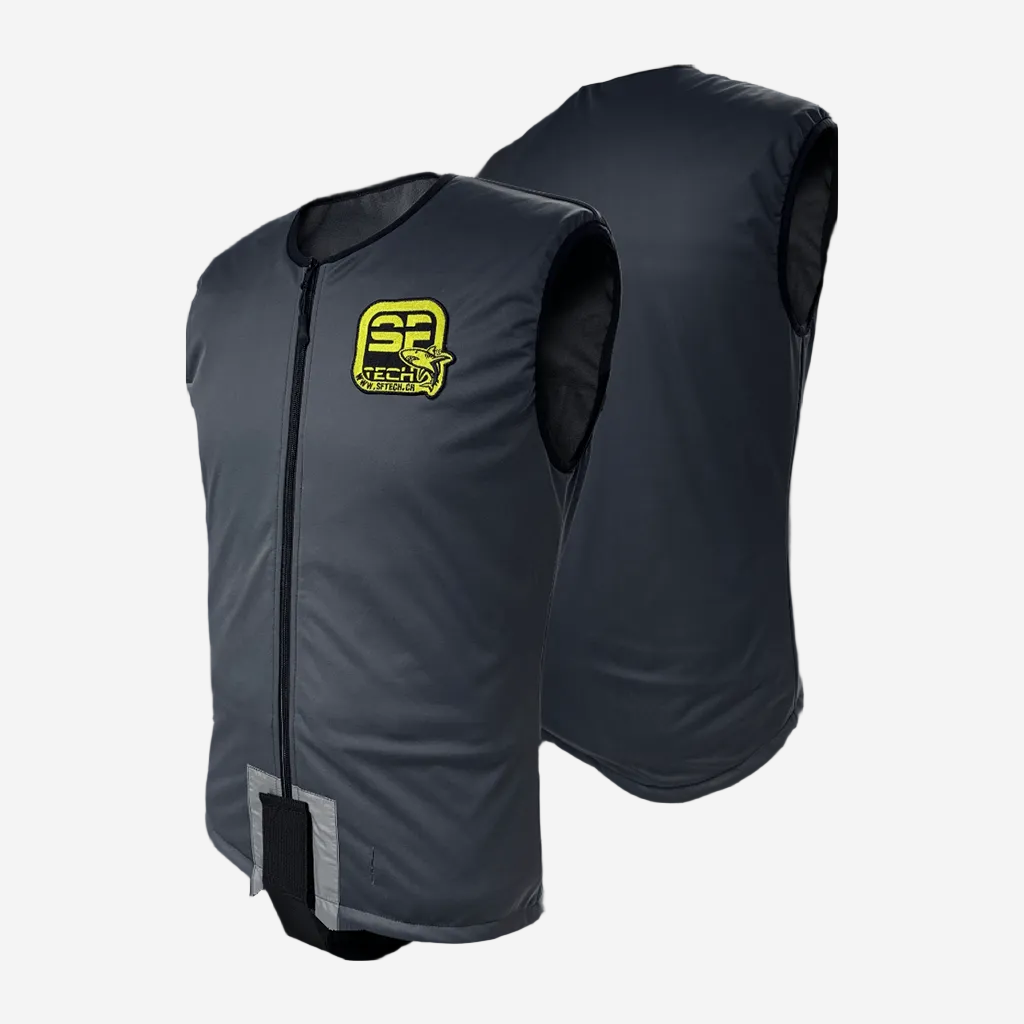 A front and back view of a black softshell heating vest with visible brand logo on the upper left, designed for diving with internal heating elements.