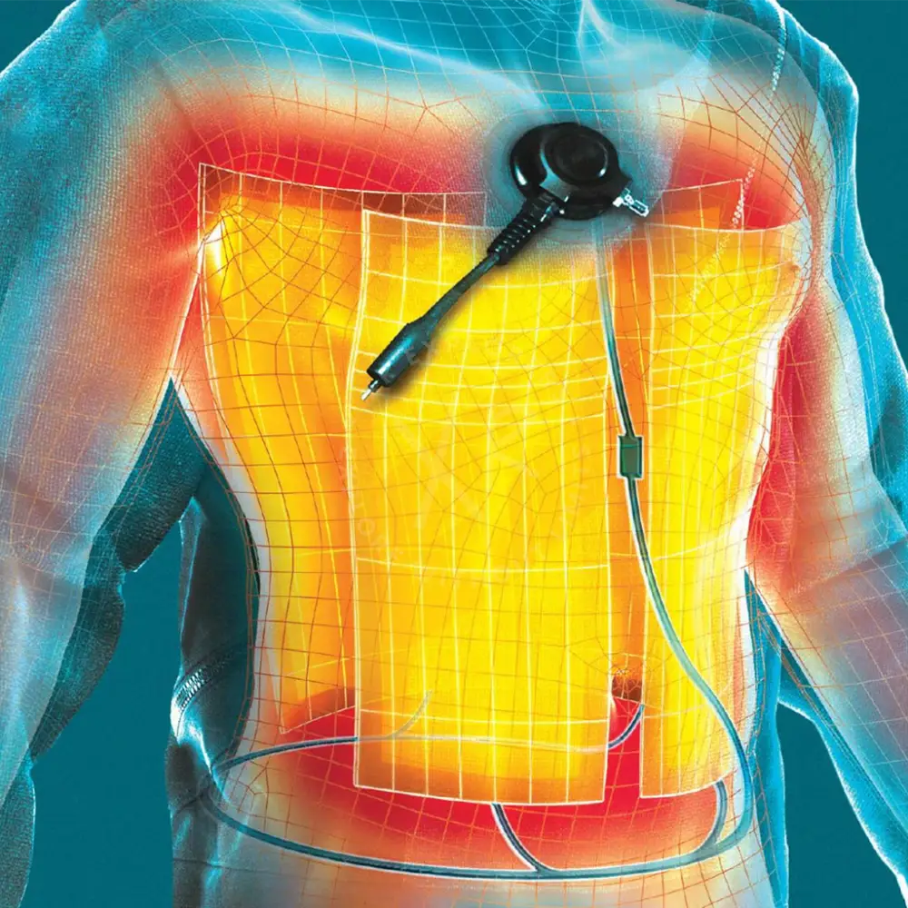 Black sf tech softshell vest with glowing yellow and red heated panels and control unit clipped to chest area