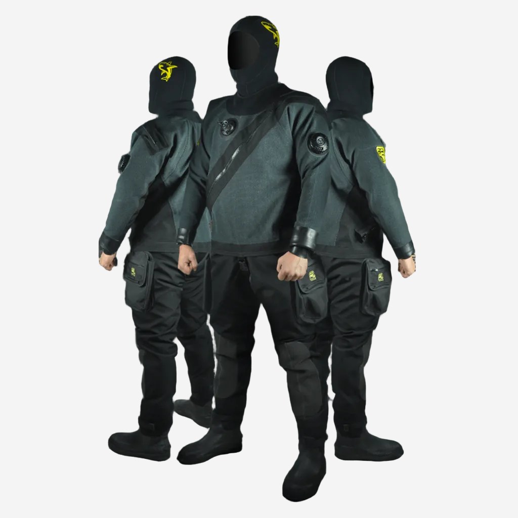 A rear view of a person wearing a black SF Tech TNT Classic drysuit, featuring reinforced areas and a telescopic torso with crotch strap.