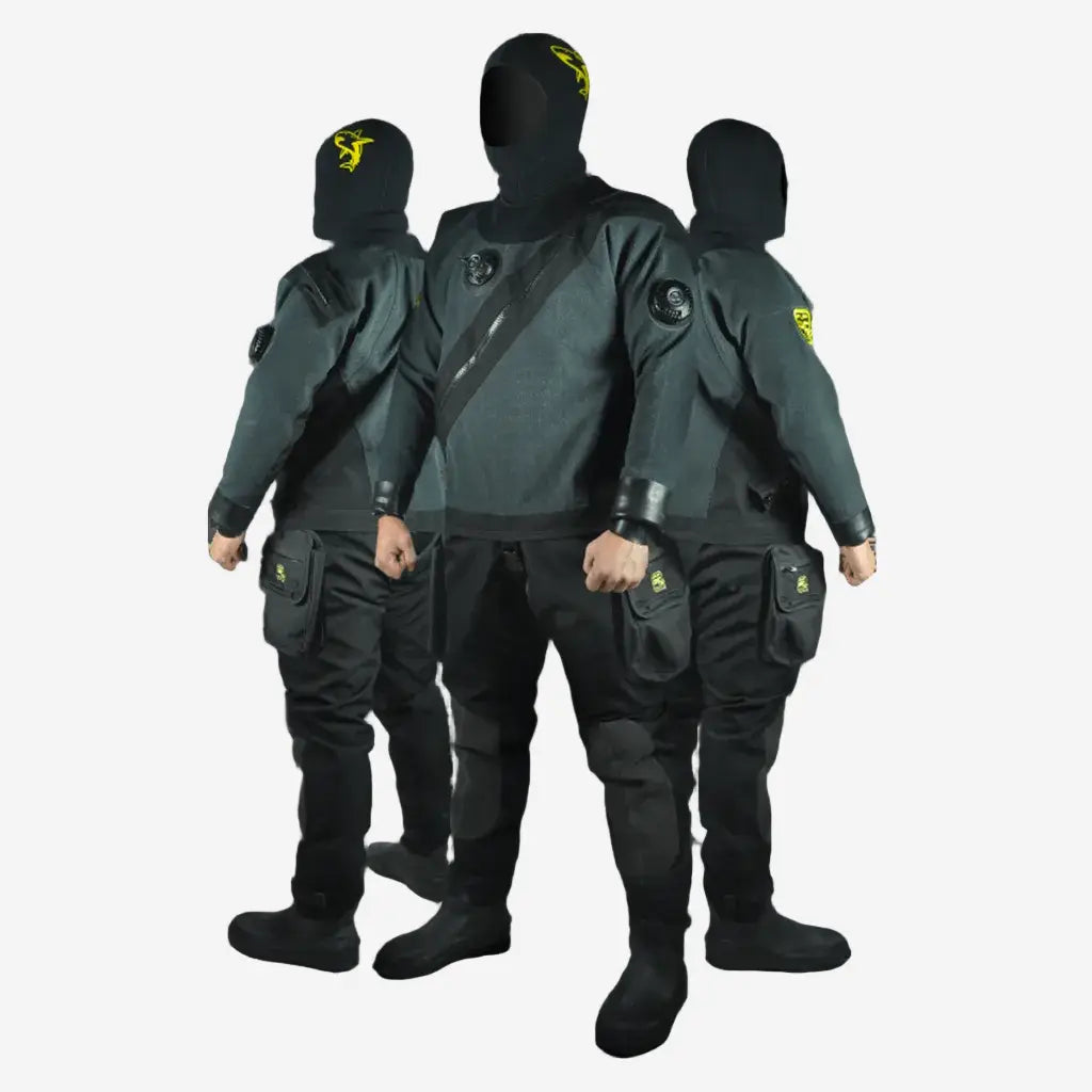 A rear view of a person wearing a black SF Tech TNT Classic drysuit, featuring reinforced areas and a telescopic torso with crotch strap.
