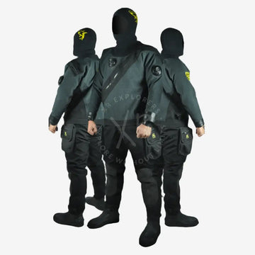 A rear view of a person wearing a black SF Tech TNT Classic drysuit, featuring reinforced areas and a telescopic torso with crotch strap.
