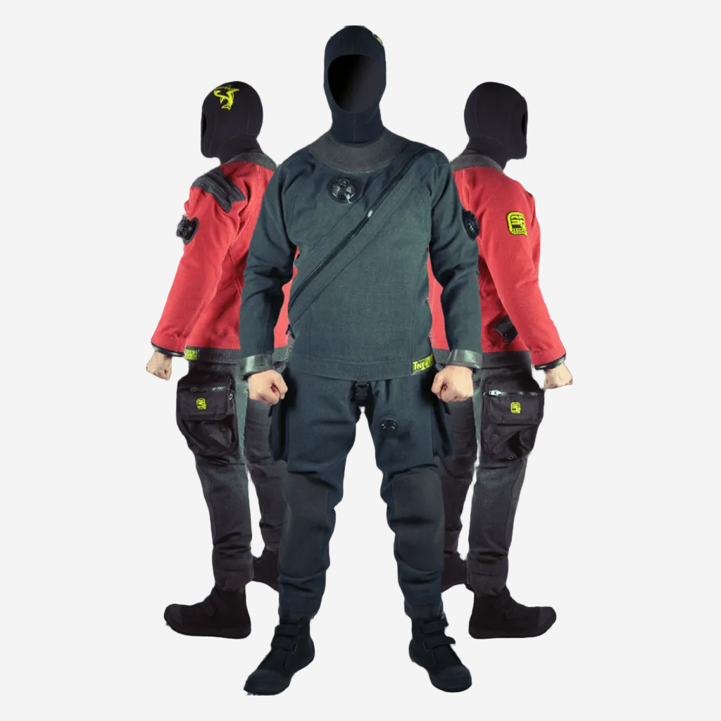 A person wearing a black and red SF Tech TNT Pro drysuit with a hood, featuring a front-entry metal zipper and reinforced fabric.